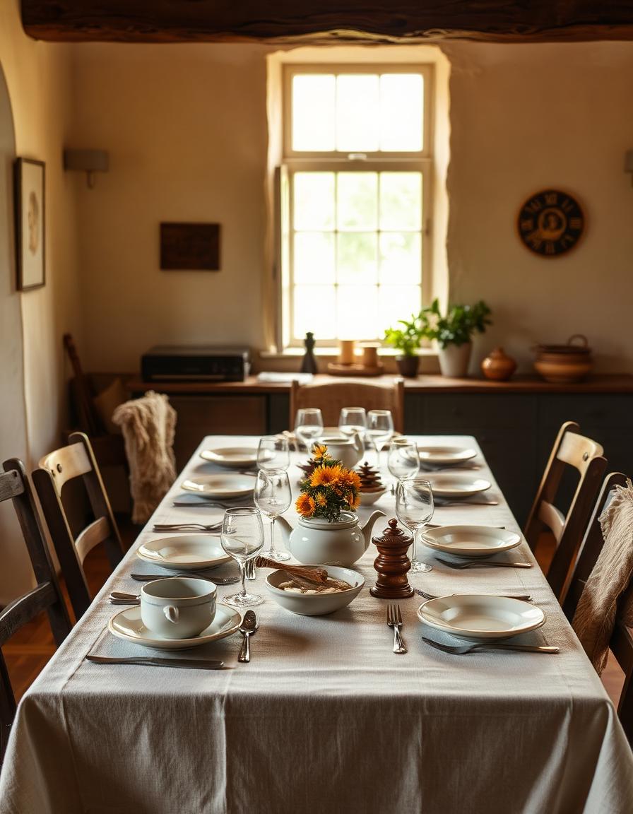 Table laid for a shared family meal in a country house